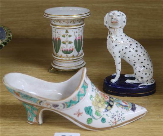 A tinglaze famille verte model of a shoe, a Staffordshire dalmatian and an English porcelain spill vase
